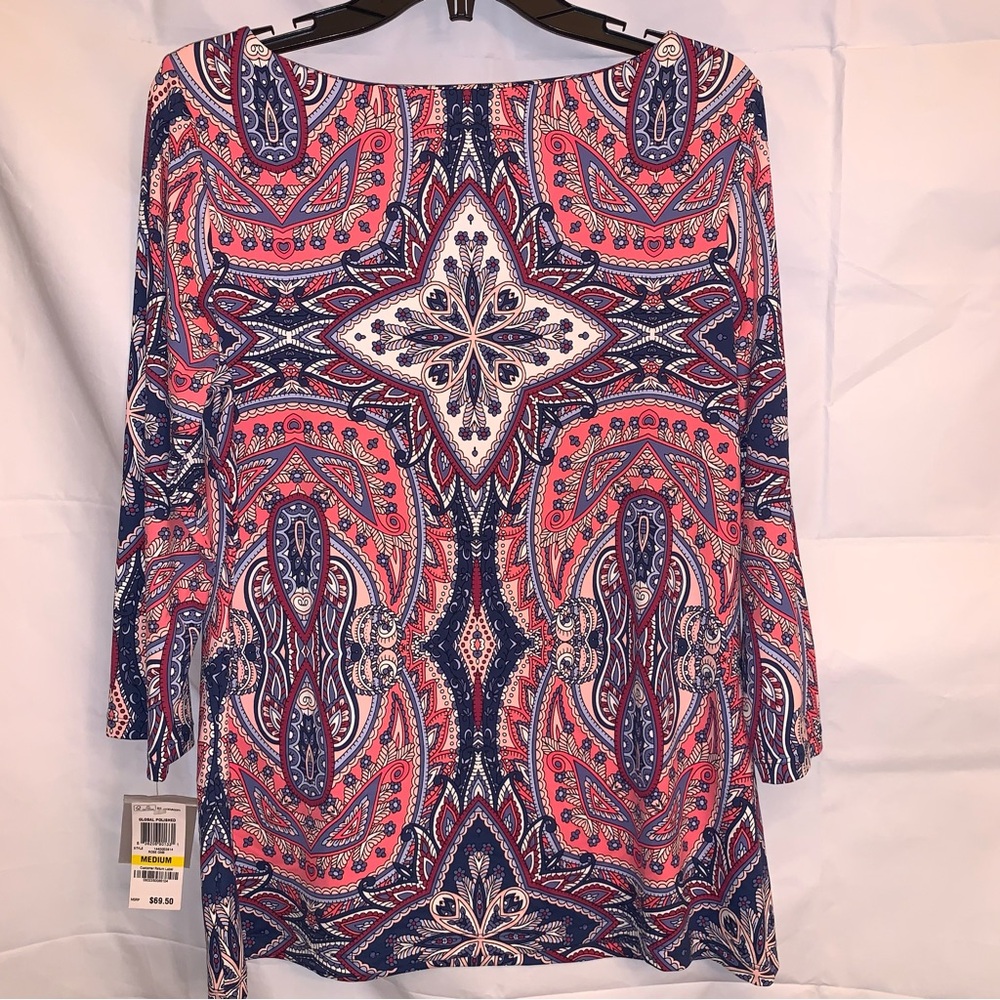 Charter Club Women's Paisley Bohemian Tunic Blouse Multicolor 3/4 Sleeve Medium - Picture 5 of 6